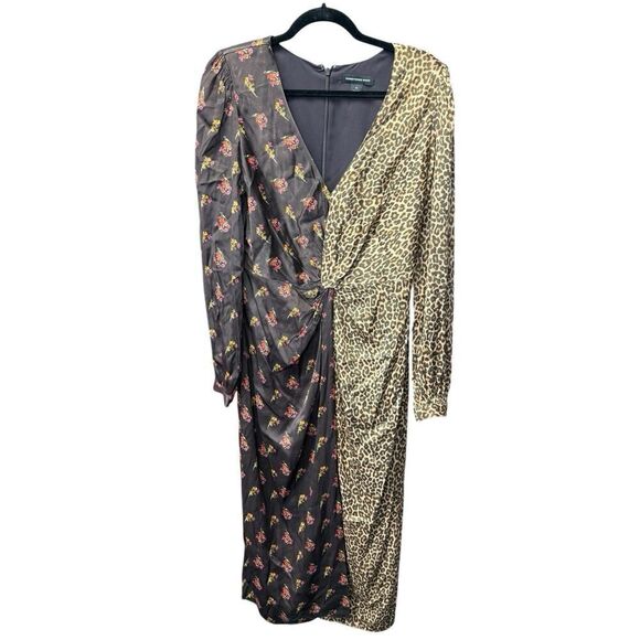 Something Navy Brown Leopard Floral Mixed Print Twist Wrap Dress M - Picture 3 of 14
